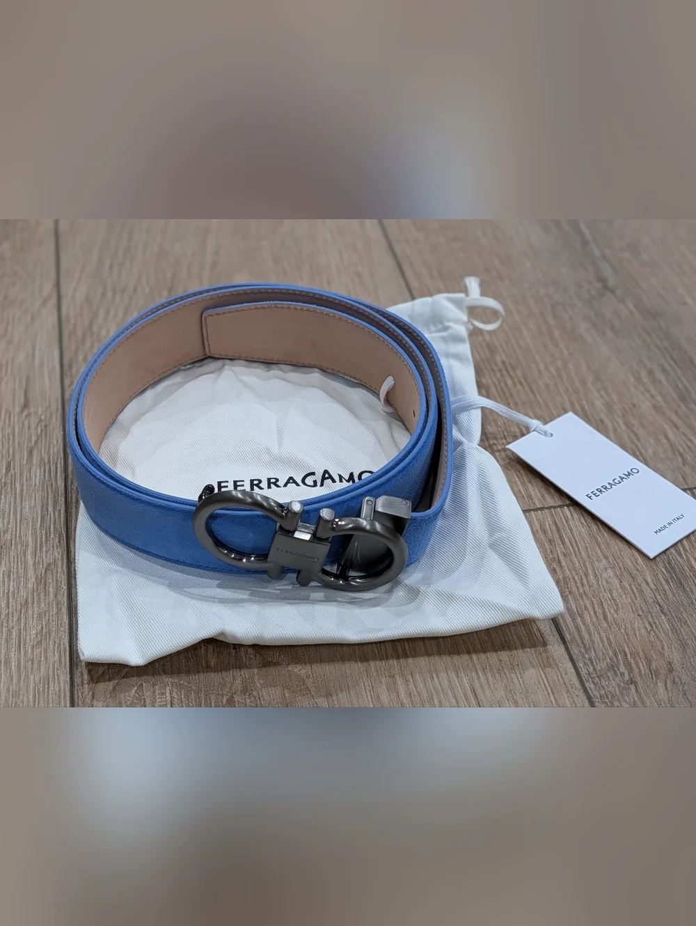 $550 Salvatore Ferragamo Gancini Suede Belt Blue Naturale 95 US 38 - Picture 1 of 5